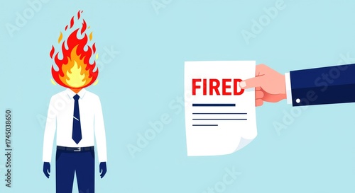 Fired employee with head on fire receives termination notice job loss burnout stress layoff unemployment business career dismissal work