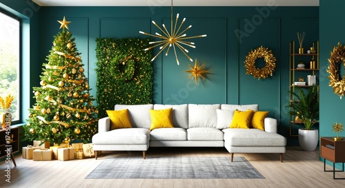 Festive Living Room with Christmas Decorations interior tree wreath gifts presents sofa couch pillows teal wall modern holiday