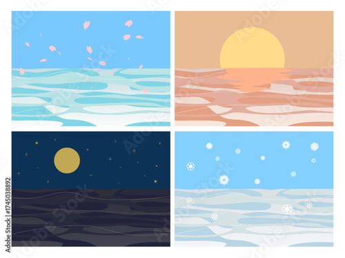 春夏秋冬の海景色イラストセット | 季節の風景と自然の背景コレクション