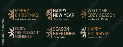 Merry Christmas and Happy New Year messages with snowflake decorations. Festive winter holiday design elements with warm wishes, greeting typography in minimalist style. Flat vector illustrations set