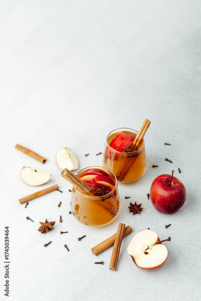 Fototapeta premium Warm apple cider drinks with cinnamon sticks and anise on light surface with apple slices