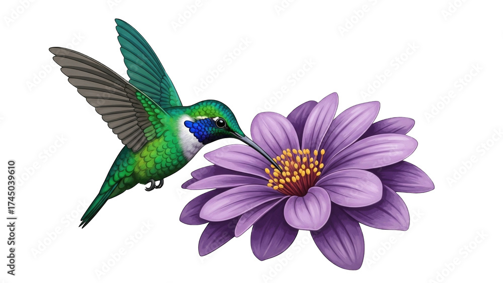 Obraz premium Vibrant hummingbird feeding on a purple flower