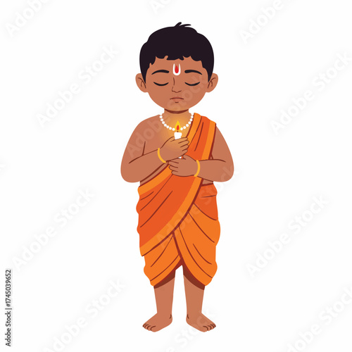 A peaceful Indian child, depicted in a vibrant 2D flat vector illustration, stands with eyes closed, gently holding a lit candle to their chest, symbolizing hope and contemplation.