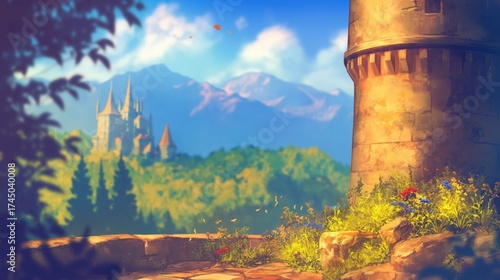 Medieval tower surrounded with green landscape illustration
