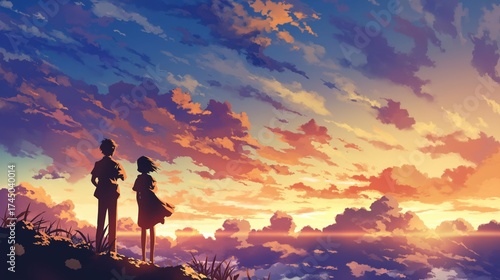 Man and woman silhouette together on top of mountain enjoy the sunset view with cloudscape illustration