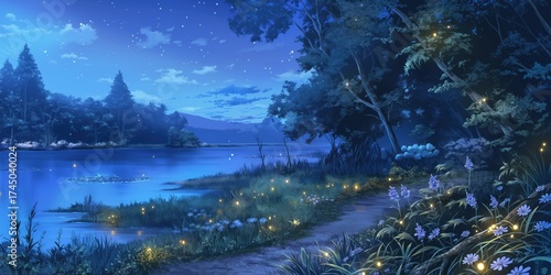 Panoramic view of the summer night landscape nature with fireflies illustration