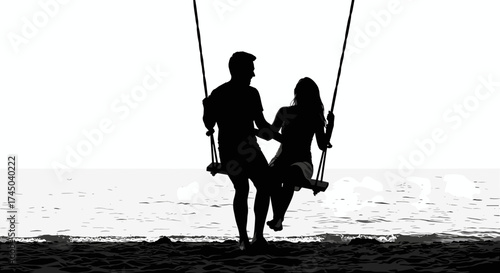 Couple holding hands on swings by the beach at sunset , couple laughing on a beach  