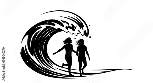 Two women walking together beside a wave on the beach, couple laughing on a beach   