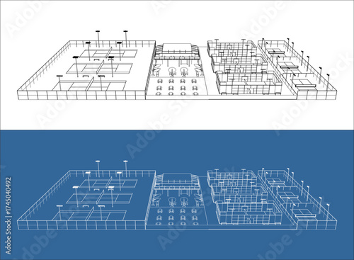Isometric architectural blueprint showing a detailed layout of a modern multi-sport complex featuring tennis, pickleball, and padel courts