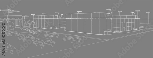 Isometric line drawing of a modern padel court complex in a minimalist architectural style