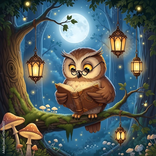 Owl Reading Book in Magical Forest.