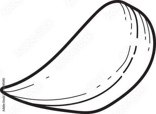 Potato chip line art. Black and white vector illustration of a single crispy, wavy snack food item.