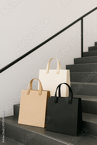 Vertical commercial photo for Instagram feed (4:5). A low-angle shot of shopping bags perched on the steps of a sleek, modern staircase.