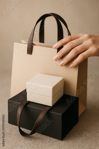 A hand gently rests on a stack of shopping bags, showcasing the crisp paper, leather handles, and a delicate jewelry box. The background is a soft, out-of-focus neutral tone.