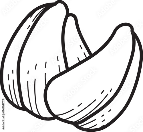 Line art illustration of two fruit segments. Black and white vector outline of citrus wedges, perfect for food graphics or coloring books.