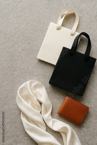 Vertical product flat lay for Instagram stories. A collection of minimalist shopping bags in cream and black colors, a leather wallet, and a silk scarf spilling elegantly onto a soft, grey wool rug.