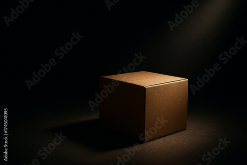 A single, unopened premium cardboard box without a logo, bathed in a sharp, spotlight-like glow from the top-right corner.