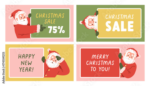 Christmas sale banners set with cute funny Santa Claus peeking with promotion...