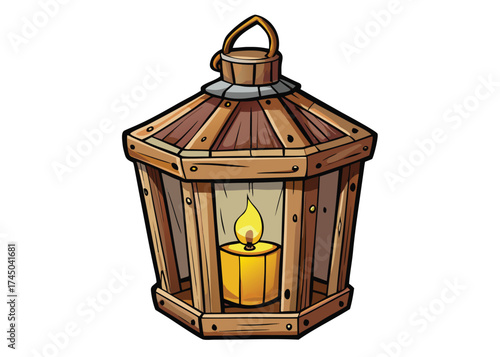 Wooden lantern with glowing candle flame light