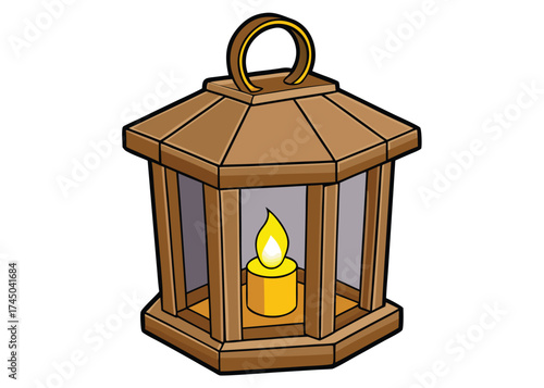 Wooden lantern with glowing candle flame light