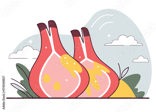 Two pink and yellow abstract food shapes with green leaves and clouds vector