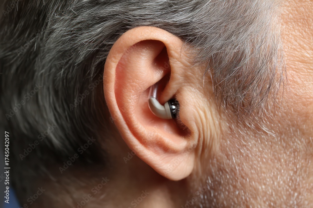 Obraz premium Close-Up of a Hearing Aid in a Man's Ear