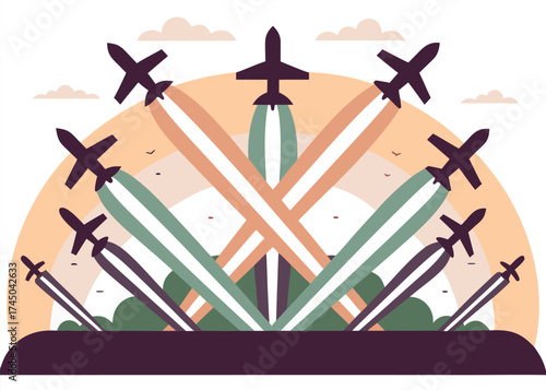 Dark aircraft ascend leaving colorful vapor trails against a pastel sky jets ascent