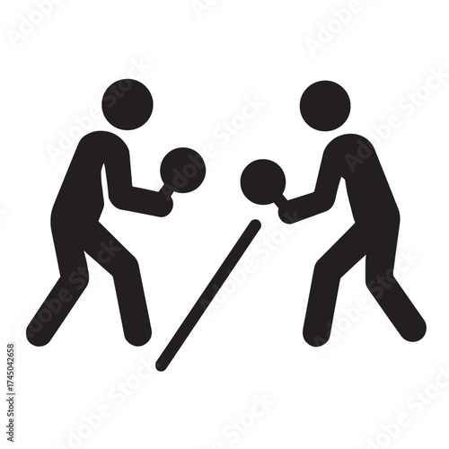Two black stick figures playing ping pong with paddles and ball sport game