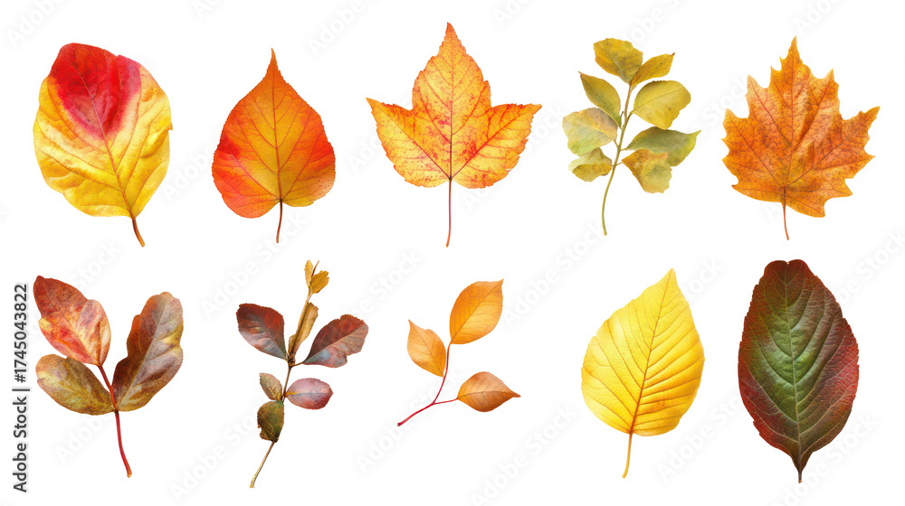 Obraz premium Collection of autumn leaves isolated on transparent background