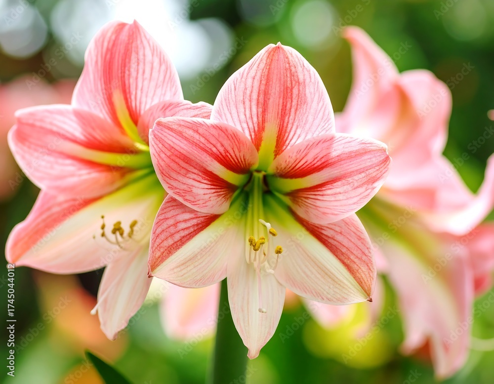 Fototapeta premium Two pinkish-white amaryllis flowers, close-up, with soft, blurred background