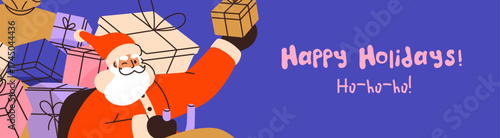 Christmas banner design with Santa Claus and gift boxes. Winter holiday presents delivery on festive seasonal horizontal background, Xmas greeting card, long web header. Flat vector illustration