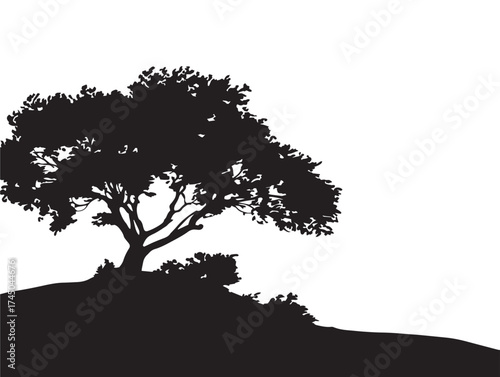 Serene Tree on Hilltop 2D Vector Line Art Silhouette Illustration