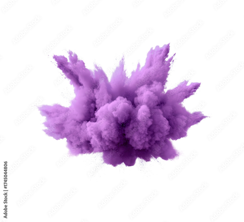 Naklejka premium Dynamic explosion of purple powder creating a vibrant cloud in mid-air on transparent background