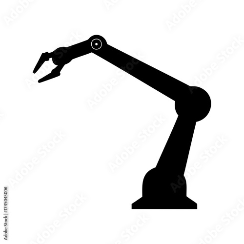Black silhouette of industrial robot arm with claw, automation concept illustration