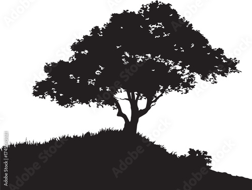 Peaceful Lone Tree on Hilltop 2D Vector Line Art Silhouette Design