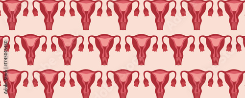 Women’s health seamless pattern. Uterus illustration, gynecology, endometriosis, and cervical cancer prevention design for banners and medical materials