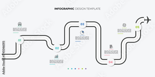 Modern Infographic design template. Timeline concept with 5 steps. Can be used for workflow layout, diagram, banner, webdesign. Journey infographic plane