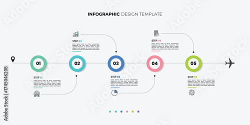 Modern Infographic design template. Timeline concept with 5 steps. Can be used for workflow layout, diagram, banner, webdesign. Journey infographic plane