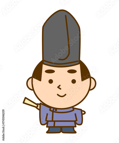 右手の扇子で指さしをする平安時代の貴族の男性イラスト　かわいい和風キャラクター素材