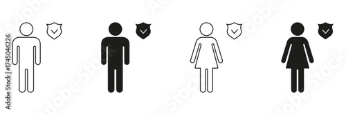 Male And Female Security Assurance Icon Set. Gender Representation With Shield And Checkmark Symbolizing Safety And Protection. Personal Data Security And Privacy. Isolated Vector Illustration