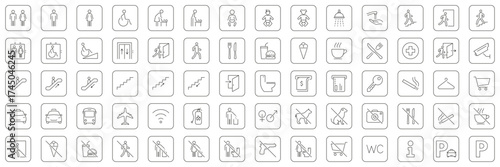 Public Facility And Service Icons Collection. Comprehensive Sign For Navigation, Accessibility and Amenities In Public Spaces. Editable Stroke. Isolated Vector Illustration