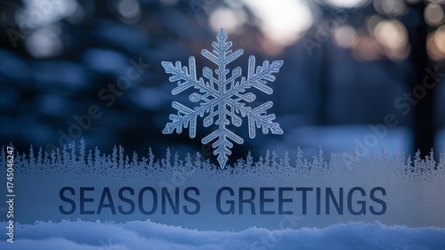 Magical winter holiday card with glittering snowflake design frosted seasons greetings text and dark glass background