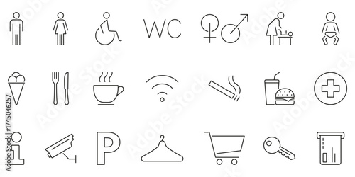 Universal Public Facility And Service Icons Set. Restroom, Accessibility, Dining, Wi-Fi and Shopping Outline Symbol Collection. Editable Stroke. Isolated Vector Illustration