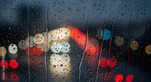 Cuadro en lienzo Blurred colorful city lights seen through a rain streaked window at night