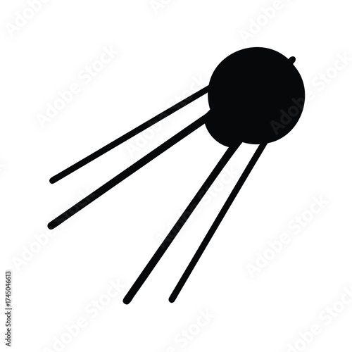 Simple black and white minimalist drawing of Sputnik satellite, symbol of space age