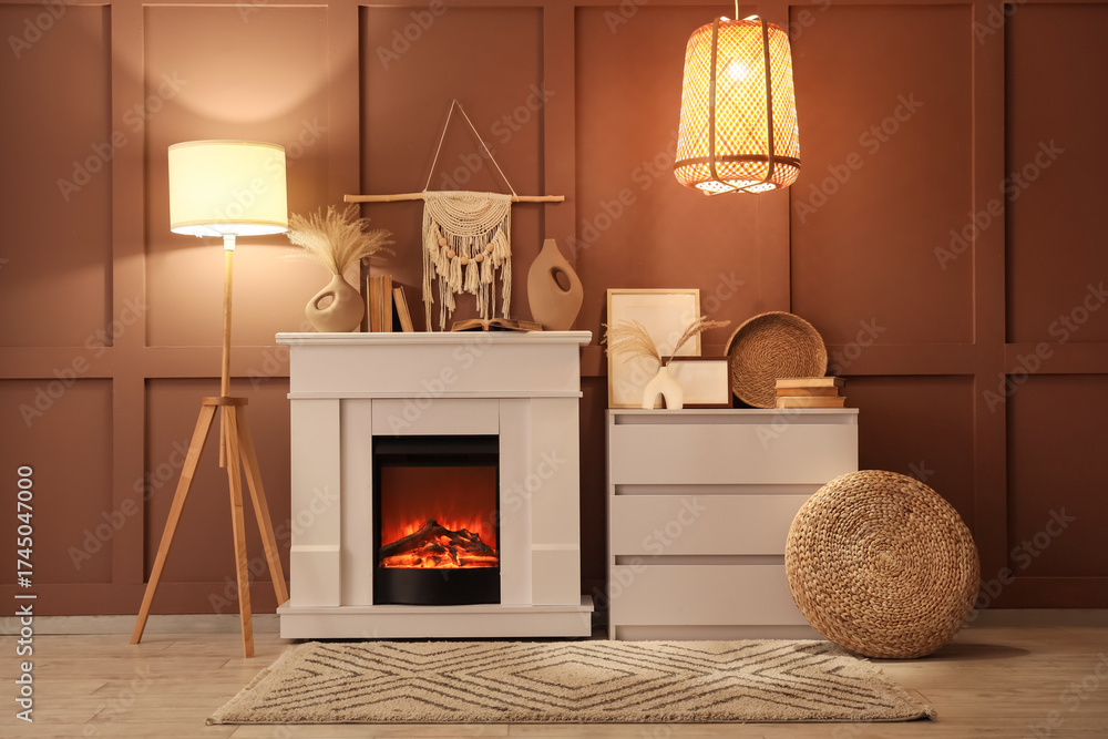Obraz premium Interior of cozy room with glowing lamps, dresser and stylish fireplace