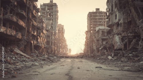 Fototapeta Naklejka Na Ścianę i Meble -  Postapocalyptic city street with destroyed buildings and debris aftermath.