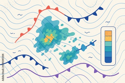 Weather map with abstract colorful isobar lines and precipitation zones in light artistic style on scientific background concept. Ai generative. Ai generative