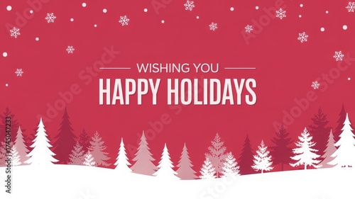 Red holiday card with bold greeting white snowflakes forest tree silhouettes in modern winter layout