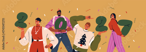Happy people holding 2027 numbers, holiday celebration. New Year seasonal banner, festive office team party celebrating with confetti, joy, smile, congratulations. Flat vector illustration
